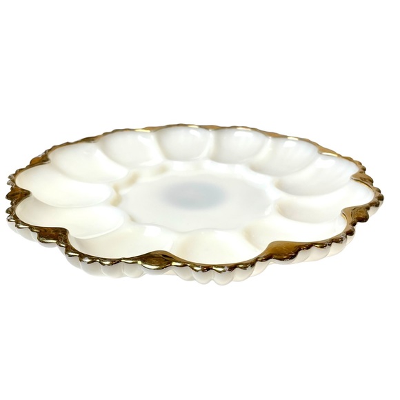 Anchor Hocking Other - Mid-Century Anchor Hocking Milk Glass Egg Tray with 22k gold trim. 9 1/2” Dia.